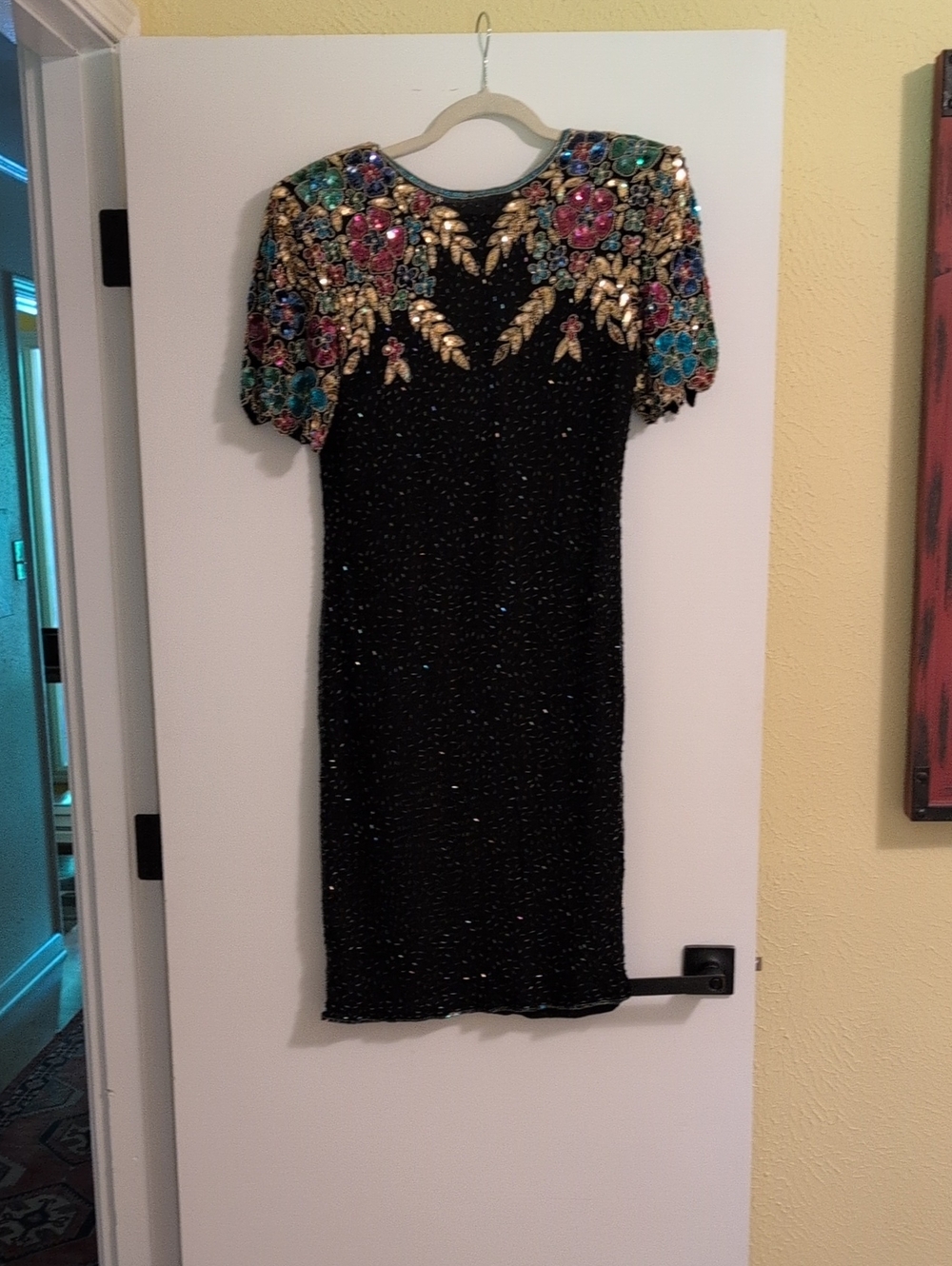 Black Embellished Mini Dress with Multicolor Floral Shoulders